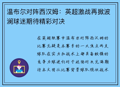 温布尔对阵西汉姆：英超激战再掀波澜球迷期待精彩对决